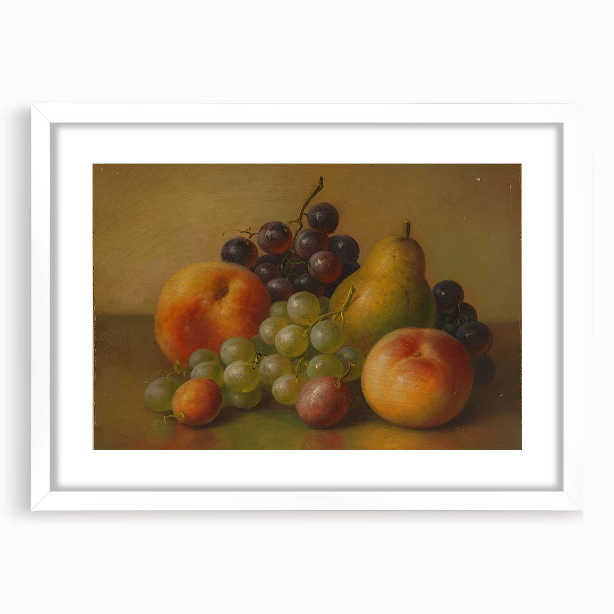 Abstract art print of assorted fruits in vibrant colors on a white framed mat, suitable for dining room decor.