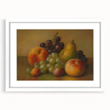Abstract art print of assorted fruits in vibrant colors on a white framed mat, suitable for dining room decor.