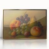 Large acrylic print of colorful fruits in mid-century modernist style, framed in gold, ideal for modern kitchen decor.