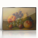 Mid-century modernist art depicting assorted fruits in vibrant colors on a silver-framed acrylic.