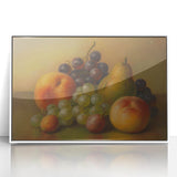 Art deco style poster of assorted fruits in vibrant colors, framed in white acrylic, suitable for modern nursery decor.