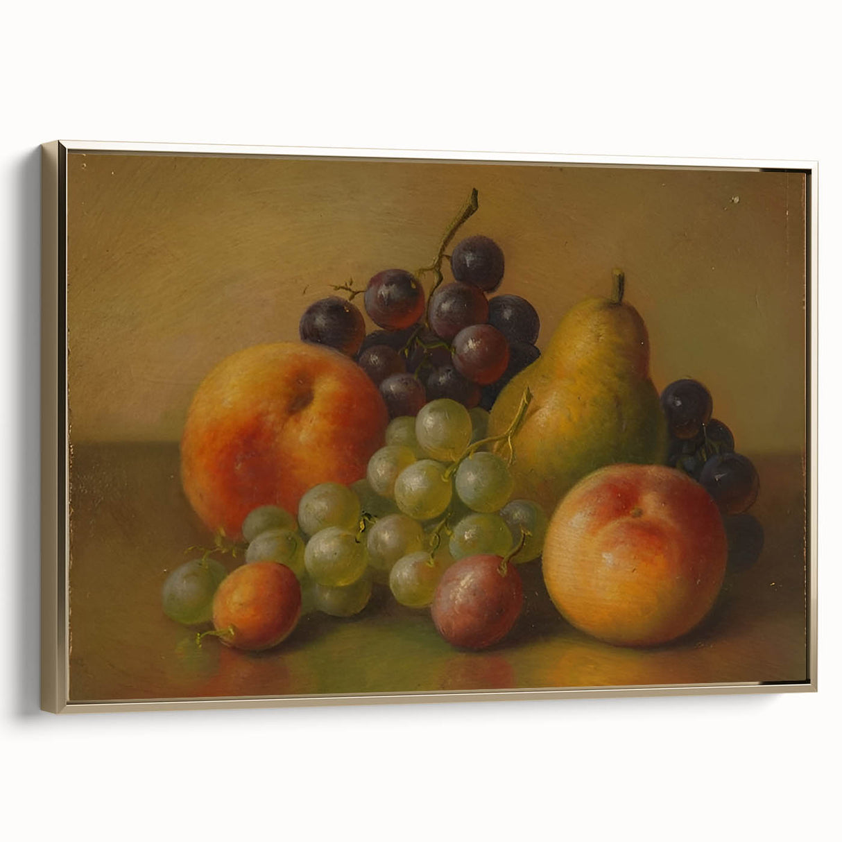 Vintage poster art of assorted fruits on black framed canvas, suitable for bedroom wall decor.