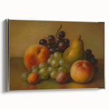 Landscape art painting of colorful fruits on a black background, framed in silver, suitable for kitchen decor.