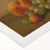 Art deco poster featuring assorted fruits in bold colors on rolled canvas, suitable for dining room wall art.
