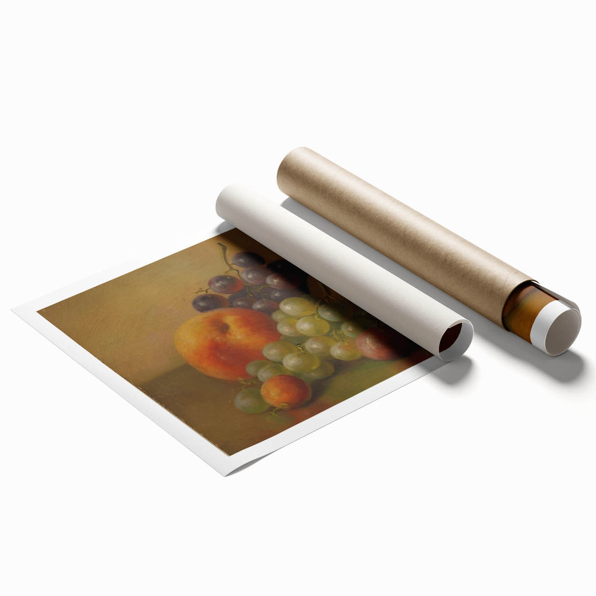 Extra large rolled print featuring a vibrant array of fruits and flowers.