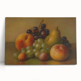Large black and white canvas featuring an assortment of fruits, ideal for kitchen wall art.