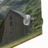 Close-up of a landscape barn acrylic glass artwork showcasing vibrant colors and intricate details, ideal for home decor enthusiasts seeking rustic charm.