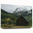 Acrylic glass side view of a landscape barn design showcasing vibrant colors and intricate details, secured with pins for durability in home decor.