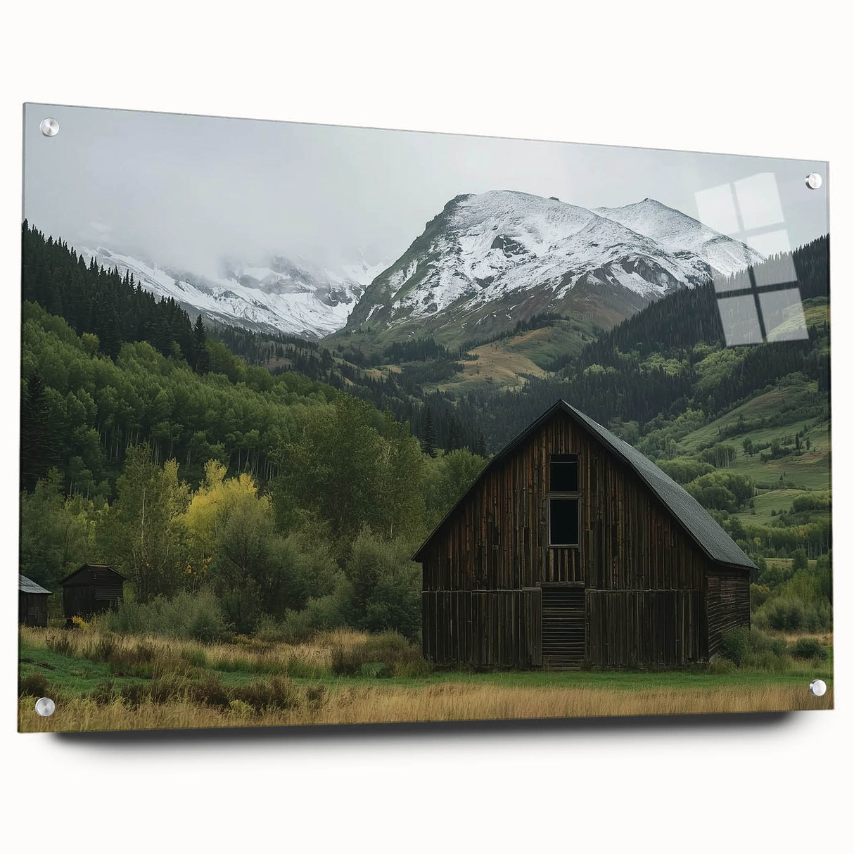 Acrylic glass side view of a landscape barn design showcasing vibrant colors and intricate details, secured with pins for durability in home decor.