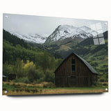 Acrylic glass side view of a landscape barn design showcasing vibrant colors and intricate details, secured with pins for durability in home decor.