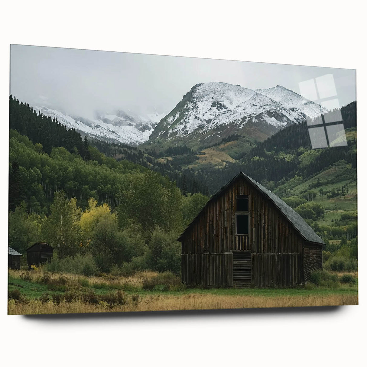 Landscape barn acrylic glass artwork showcasing a vibrant rural scene in rich colors, displayed without pins, perfect for home decor enthusiasts seeking a rustic touch.