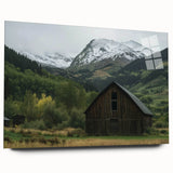 Landscape barn acrylic glass artwork showcasing a vibrant rural scene in rich colors, displayed without pins, perfect for home decor enthusiasts seeking a rustic touch.