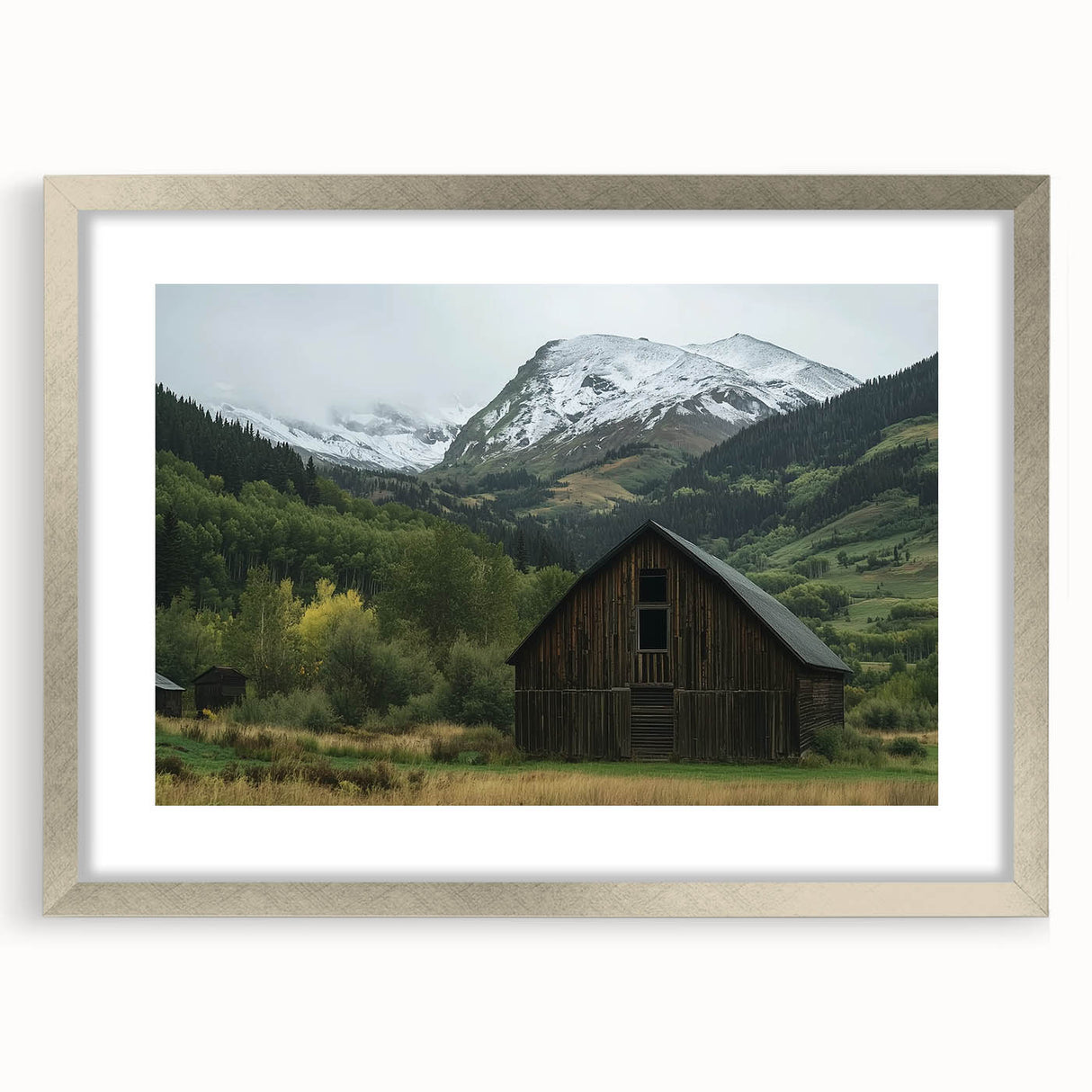Landscape barn frame with a silver mat, showcasing an elegant design that enhances artwork. Ideal for home decor, this frame adds a modern touch to any space.
