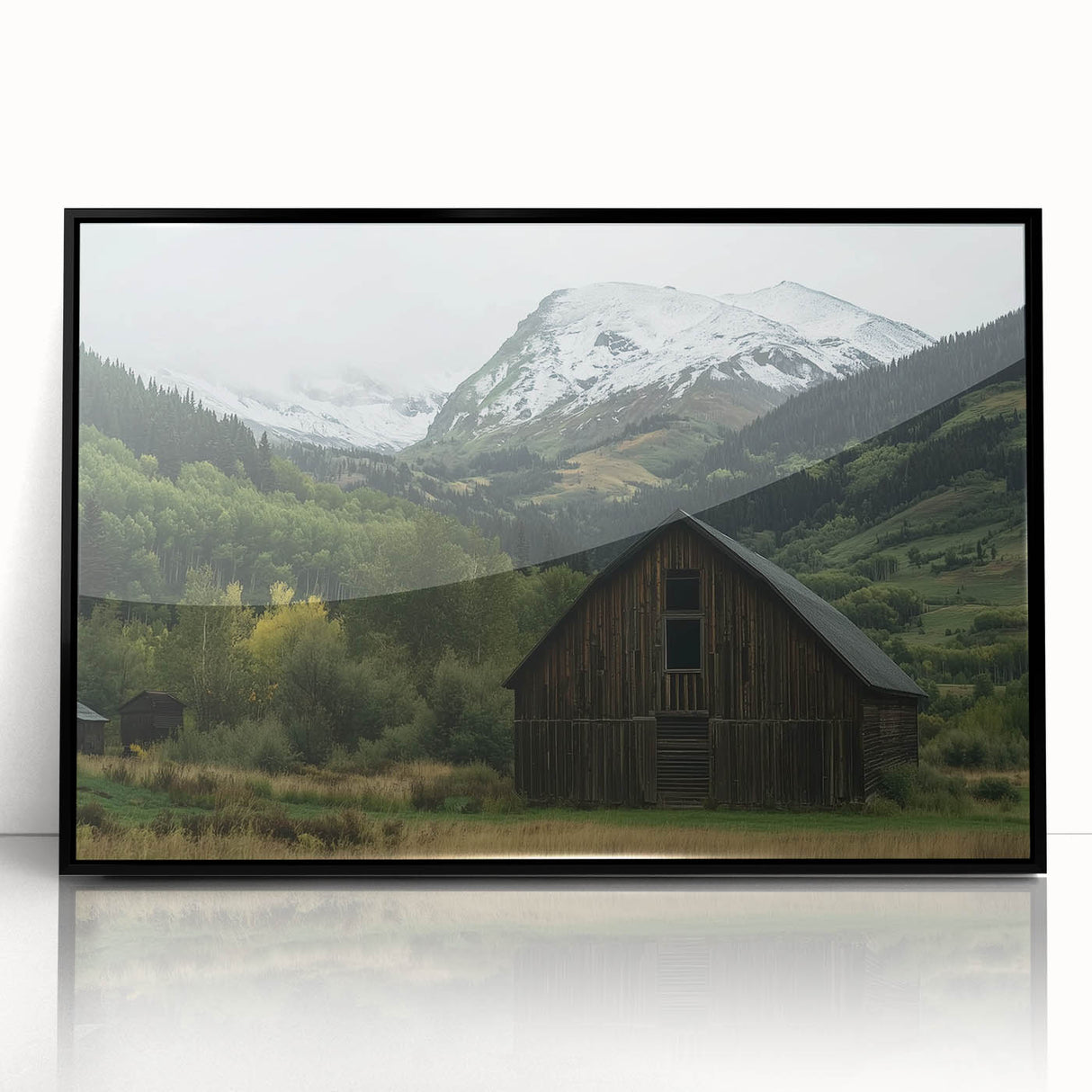 Framed acrylic artwork of a modern landscape featuring a barn, showcasing vibrant colors and intricate details, ideal for home decor and wall accents.