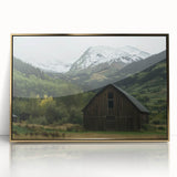 Framed acrylic print of a landscape design showcasing a serene barn scene with gold accents, perfect for rustic home decor. Ideal for enhancing cozy interiors.