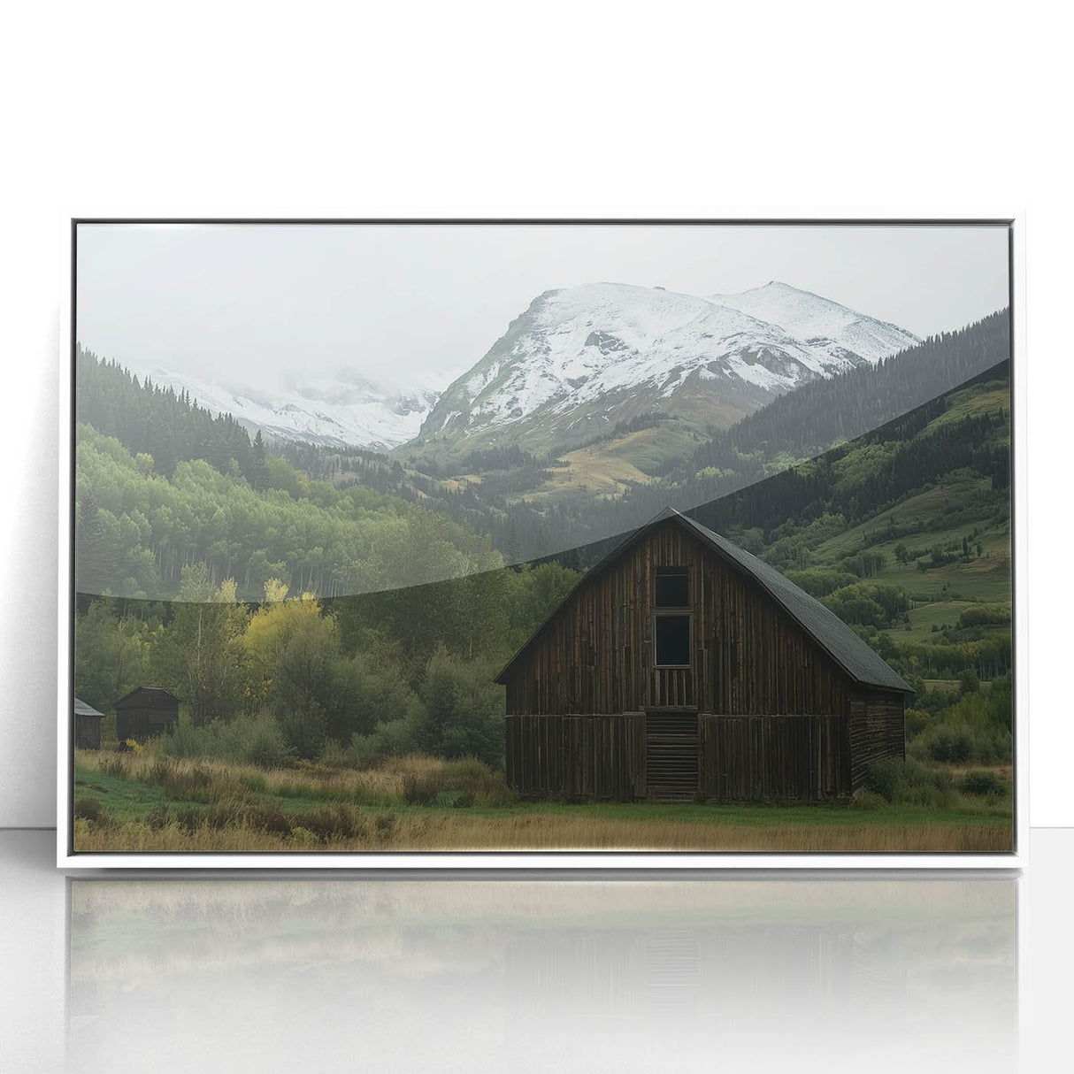 Framed acrylic artwork featuring a charming landscape scene of a rustic barn, set against a serene backdrop, ideal for home decor and enhancing interior spaces.