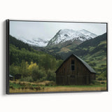 Black-framed landscape canvas art showcasing a serene barn scene, highlighting rich colors and textures, ideal for rustic home decor enthusiasts.