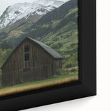 Close-up of a barn-themed landscape canvas print, showcasing vibrant colors and detailed textures, perfect for rustic home décor or wall art enthusiasts.