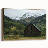 Framed landscape canvas art featuring a barn in a golden hue, showcasing a rustic setting with intricate details and vibrant colors, perfect for home decor.