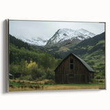 Landscape barn-framed canvas showcasing a serene rural scene with vibrant colors, highlighted by a sleek silver frame, perfect for home decor enhancement.