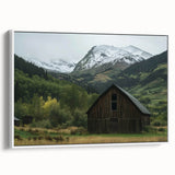 Landscape canvas art featuring a rustic barn scene framed in white, showcasing vibrant colors and intricate details, perfect for enhancing home decor.