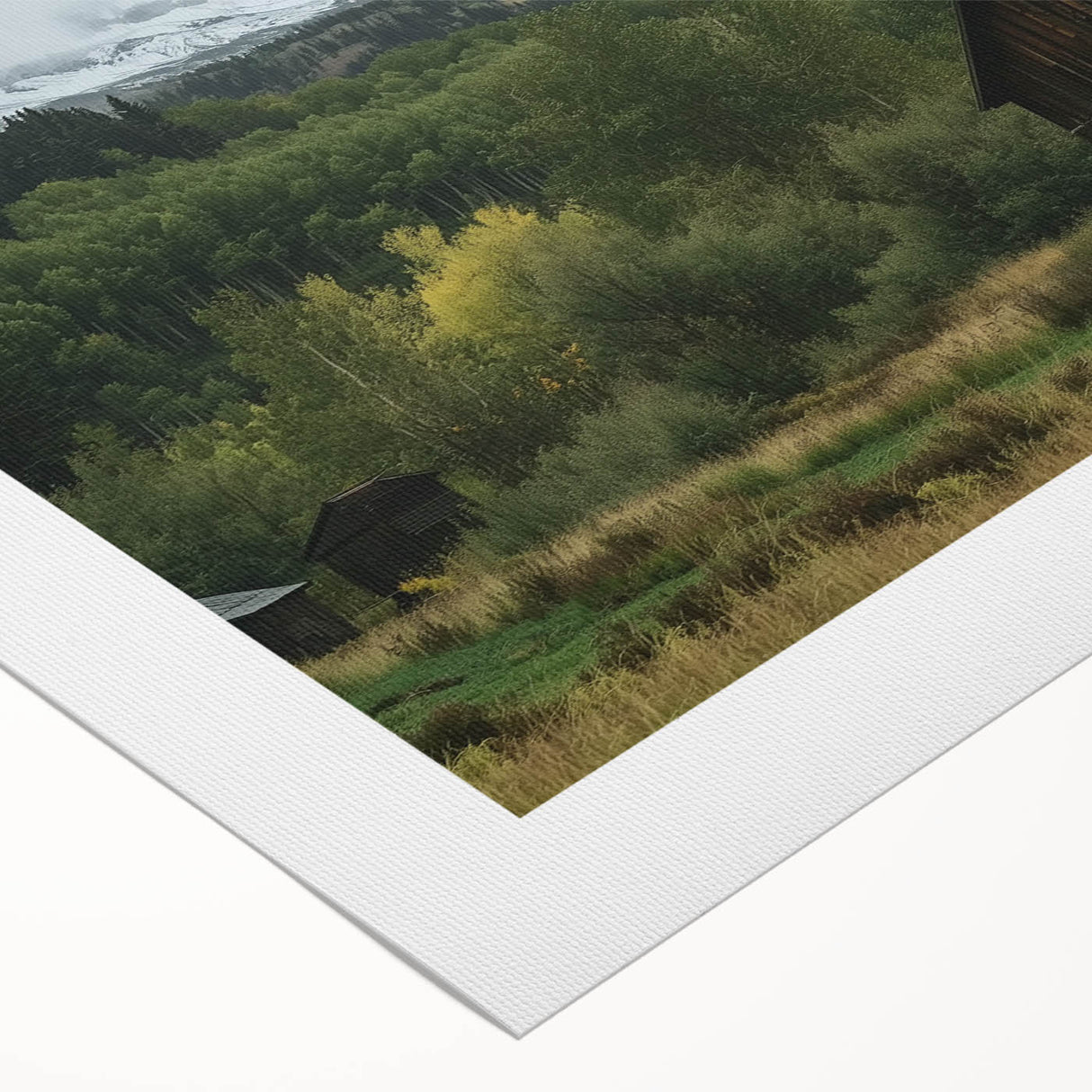 Rolled canvas artwork showcasing a vibrant landscape design of a barn under a bright blue sky, elegantly packaged in a protective cardboard tube for easy storage and display.