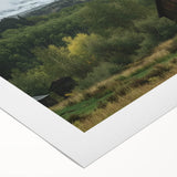 Rolled canvas artwork showcasing a vibrant landscape design of a barn under a bright blue sky, elegantly packaged in a protective cardboard tube for easy storage and display.