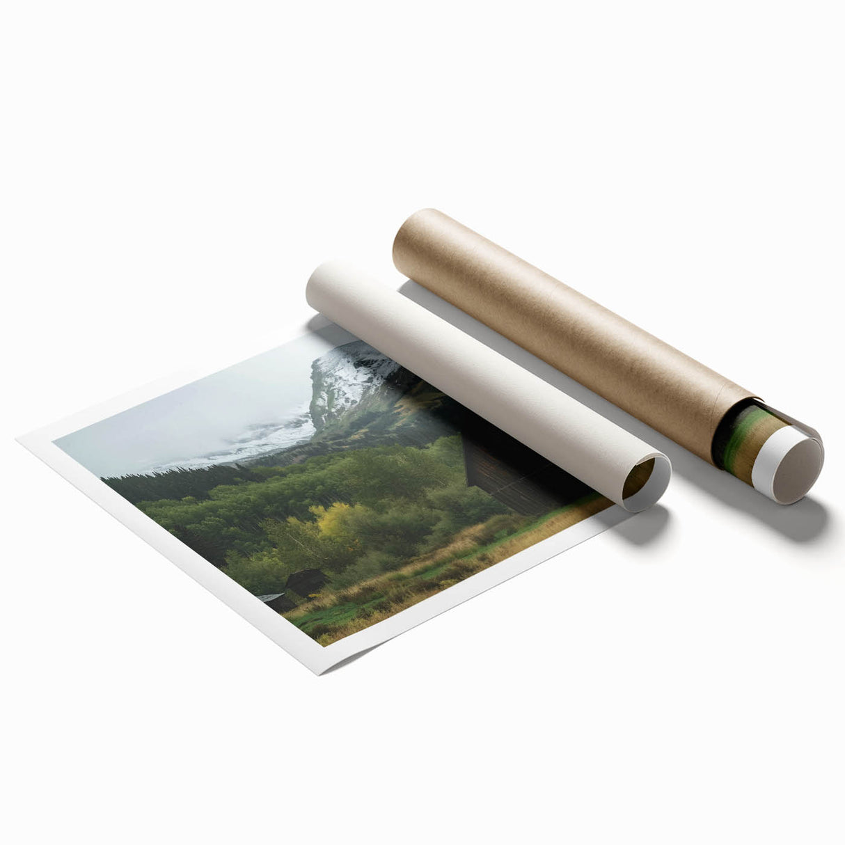 Rolled landscape barn art print showcasing a rustic barn scene with vibrant colors, packaged securely in a sturdy cardboard tube for safe delivery. Ideal for farmhouse decor enthusiasts.