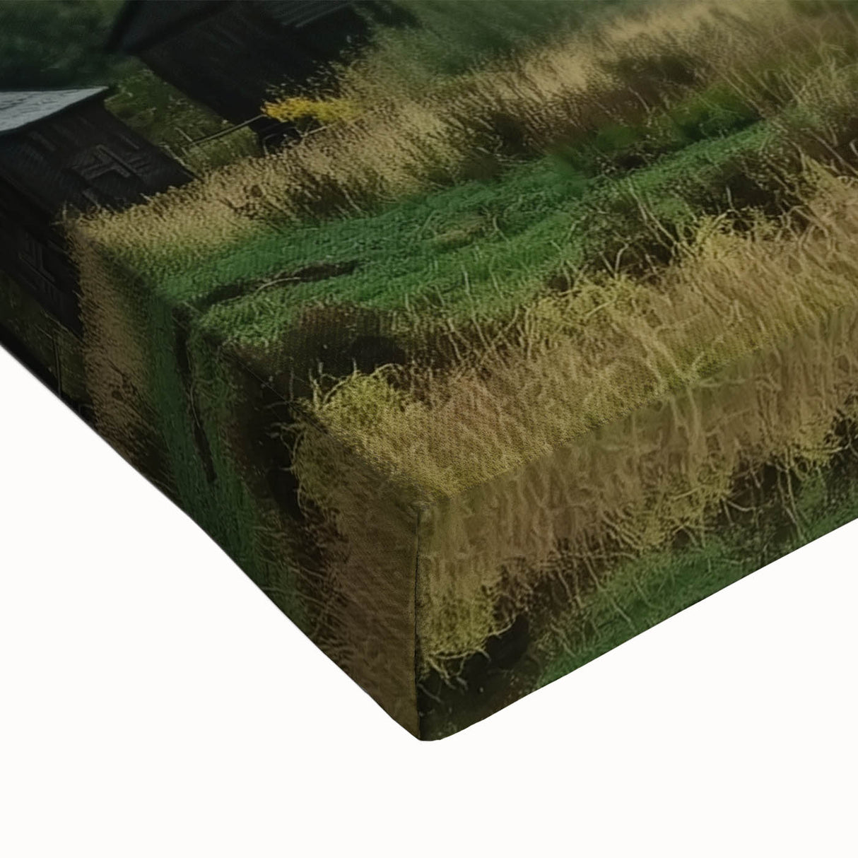 Close-up of a stretched canvas artwork depicting a serene landscape with vibrant colors and intricate details, ideal for enhancing home decor and creating a calming atmosphere.