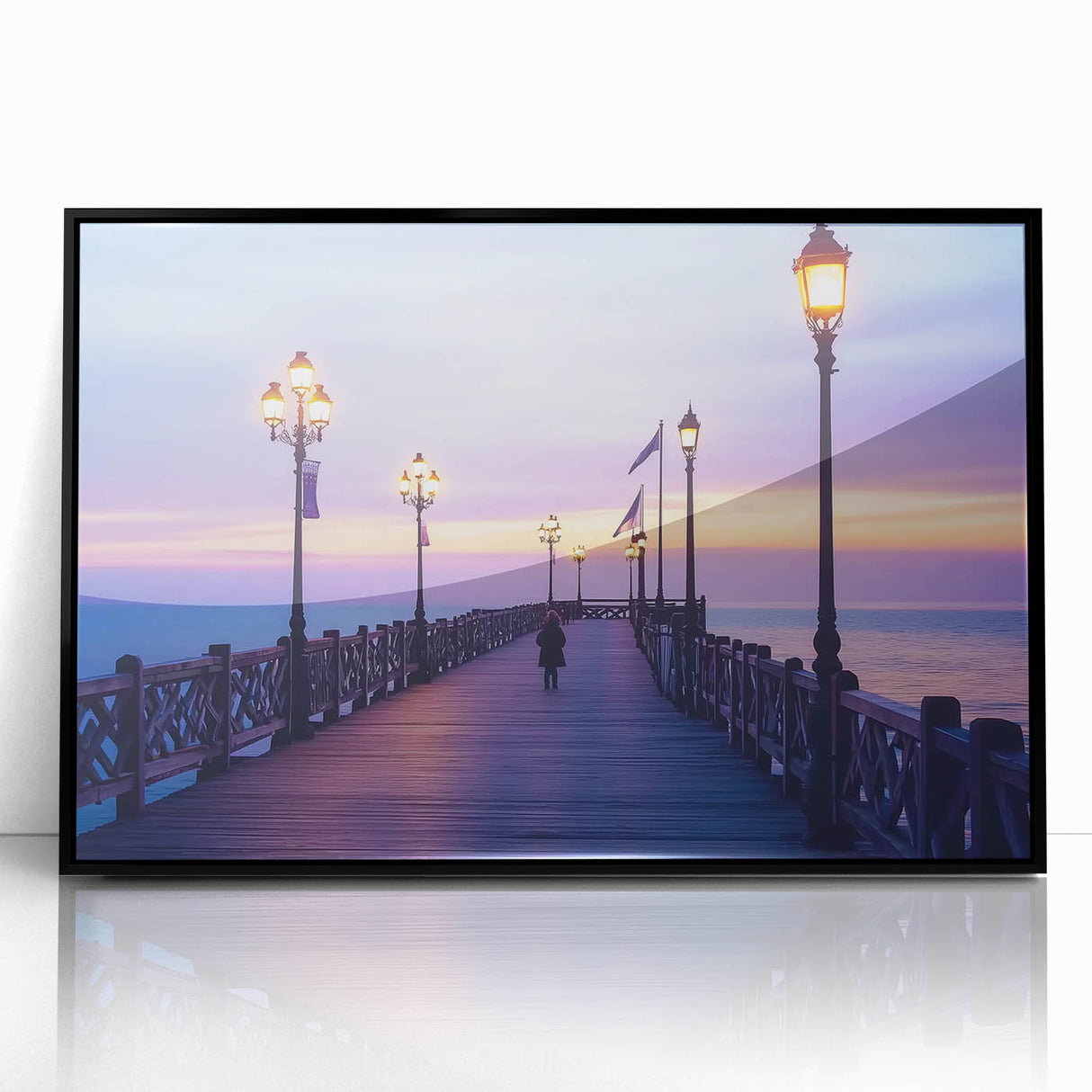 Framed acrylic artwork depicting a serene landscape bridge scene, featuring lush greenery and a tranquil river, designed to enhance any modern home decor.
