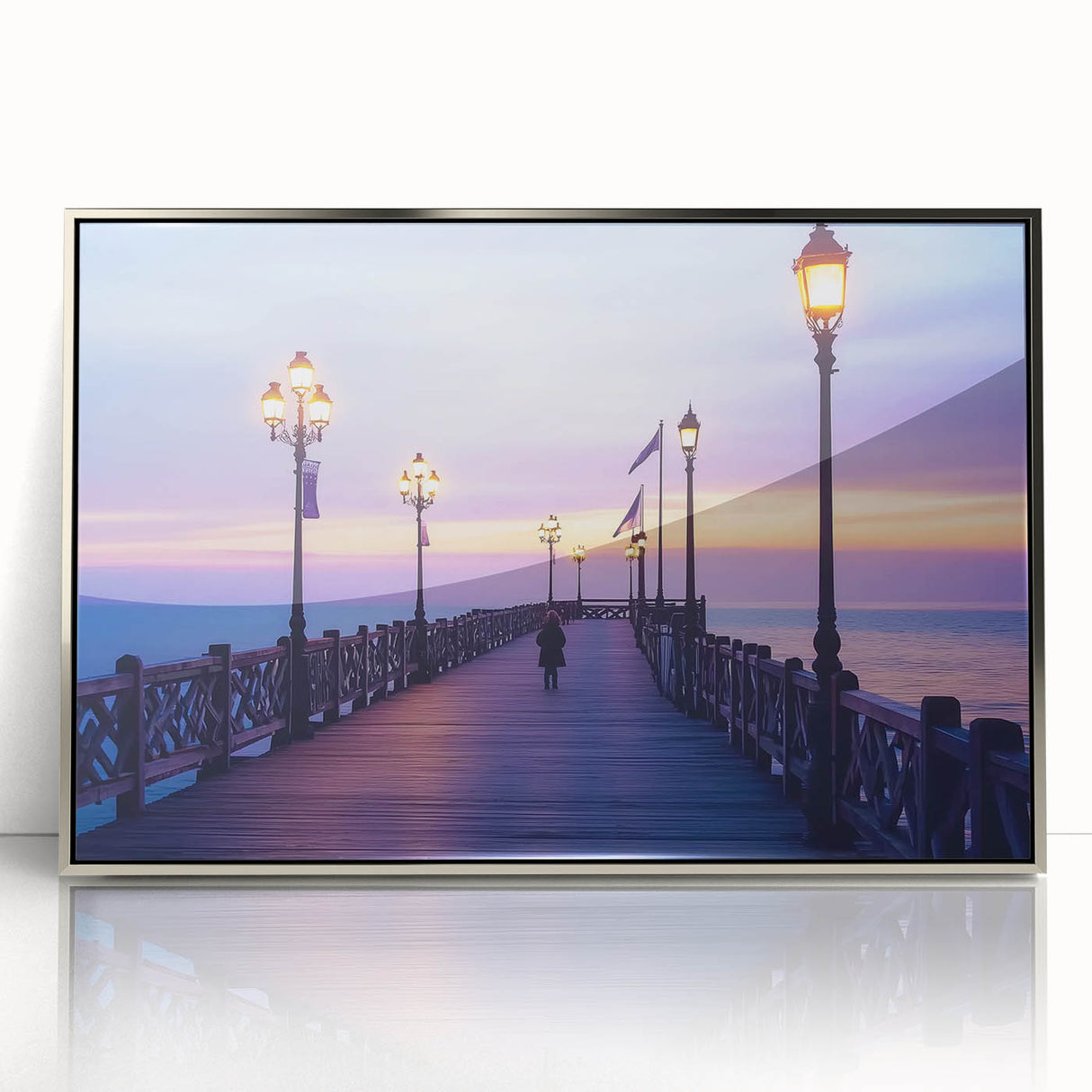 Framed acrylic artwork showcasing a modern landscape bridge design with silver accents, perfect for home or office decor, emphasizing contemporary aesthetics and elegance.