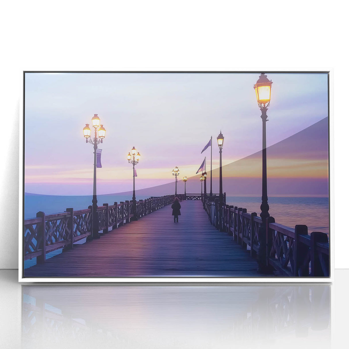 Framed acrylic artwork depicting a serene landscape with a bridge, featuring vibrant colors and intricate details, ideal for home decor or office spaces.