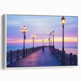 Framed canvas artwork depicting a landscape view of a bridge, showcasing vibrant colors and intricate details, set against a white background for modern decor.