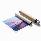 Rolled print of a landscape bridge design featuring vibrant colors and intricate details, packaged securely in a protective tube for safe shipping. Ideal for art lovers seeking unique home decor.