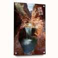 Acrylic glass artwork showcasing a vibrant landscape of canyons, displayed at a side view with decorative pins, ideal for modern home decor.