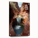 Acrylic glass artwork showcasing a vibrant landscape of canyons, displayed at a side view with decorative pins, ideal for modern home decor.