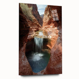 Landscape acrylic glass art showcasing vibrant canyons in rich earth tones, displayed in a sleek side view without pins, perfect for modern home decor.