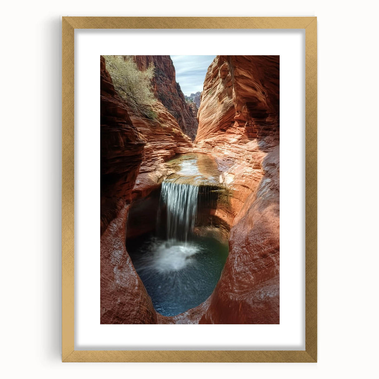 Elegant gold-framed landscape art featuring a breathtaking canyon view, complete with a mat, ideal for enhancing home décor or gallery walls. Perfect for nature lovers.