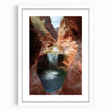 Landscape artwork featuring canyons in vibrant colors, framed with a white mat, showcasing detailed textures and natural beauty, ideal for home decor.