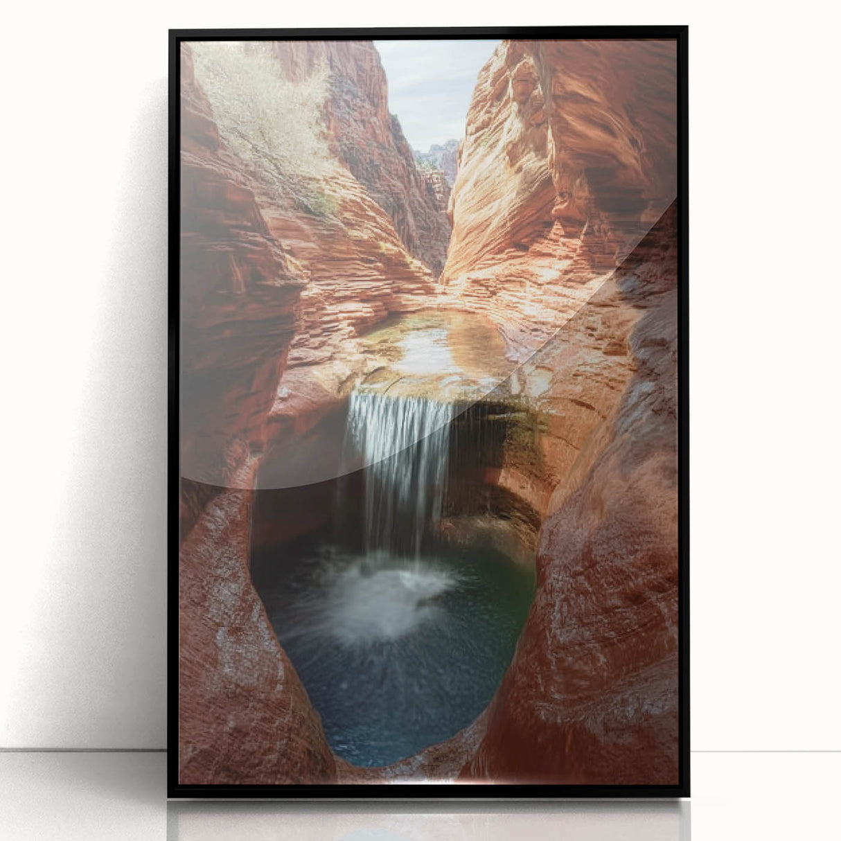 Framed acrylic artwork showcasing a stunning landscape of canyons, featuring rich earth tones and dramatic cliffs, ideal for enhancing modern home decor. Perfect for nature enthusiasts seeking a striking focal point.