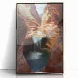 Framed acrylic artwork showcasing a stunning landscape of canyons in vibrant hues, featuring a sleek silver frame, ideal for modern home decor.