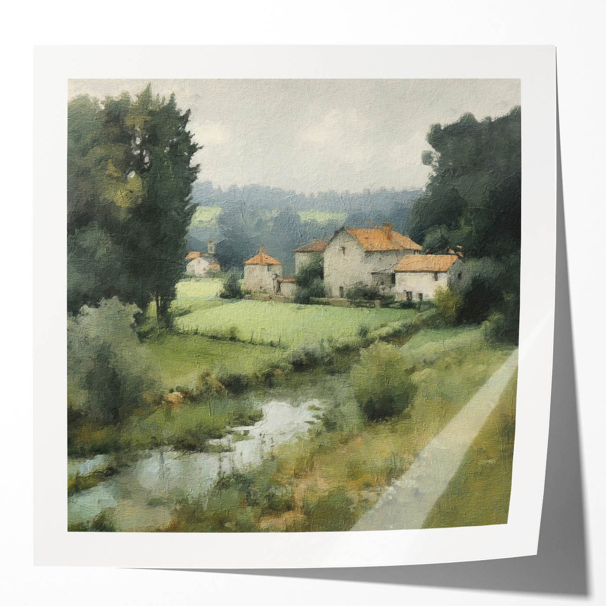 Landscape wall art print showcasing a serene countryside scene with rolling hills and a vibrant sunset, presented in a glossy finish, perfect for home decor.
