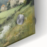 Close-up of a vibrant landscape wall art piece showcasing a serene countryside scene, featuring lush greenery and a bright blue sky, designed for acrylic glass display. Perfect for enhancing home decor with a touch of nature-inspired elegance.