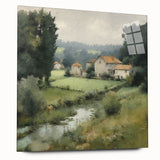 Acrylic glass wall art depicting a serene countryside landscape, showcasing vibrant colors and intricate details, side view presentation without mounting pins. Perfect for enhancing home decor with nature-inspired aesthetics.