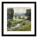 Black-framed landscape wall art depicting a serene countryside scene, complete with a mat for added elegance, ideal for home decor enhancement.