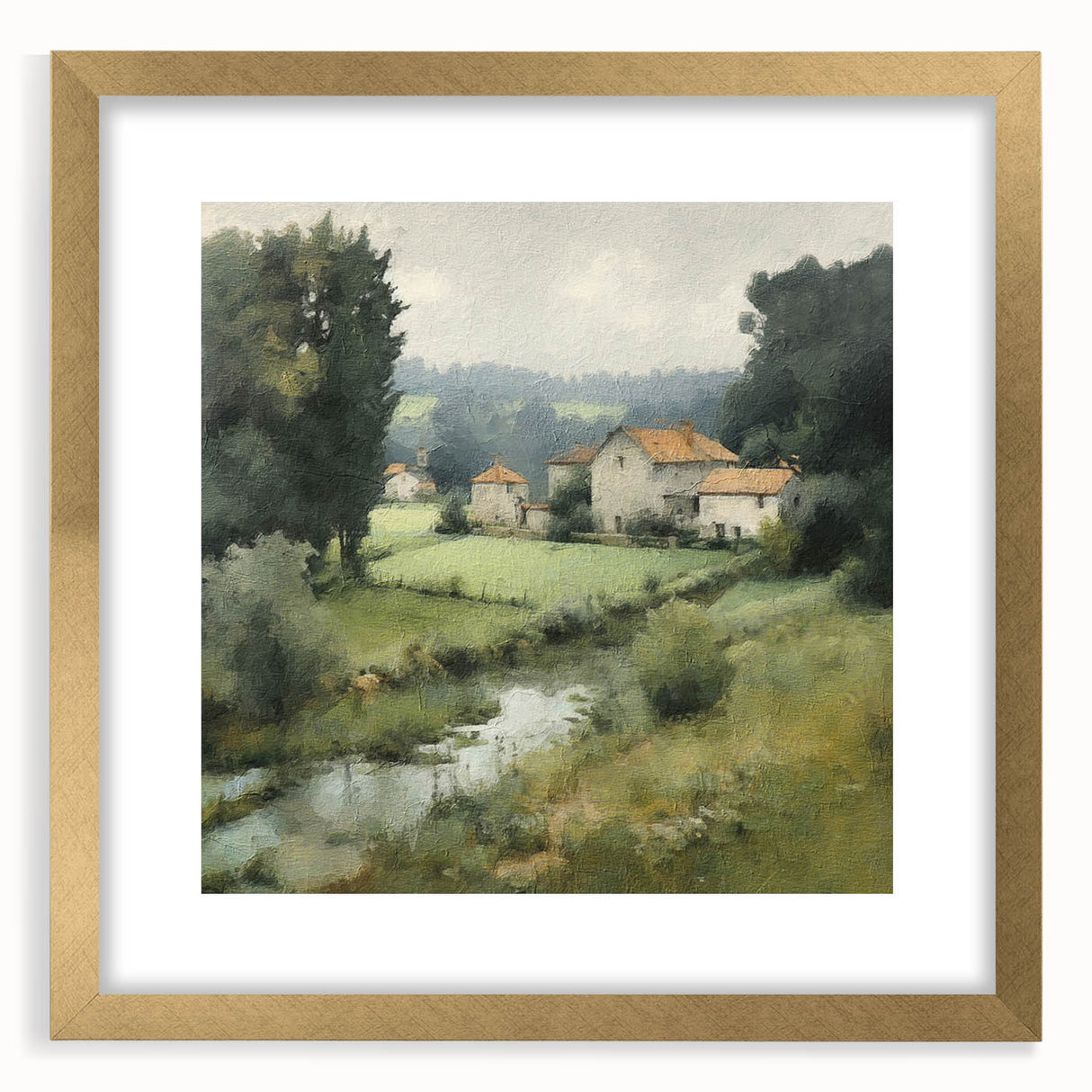 Gold-framed landscape wall art depicting a serene countryside scene, featuring lush greenery and a tranquil sky, perfect for home decor.