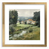 Gold-framed landscape wall art depicting a serene countryside scene, featuring lush greenery and a tranquil sky, perfect for home decor.