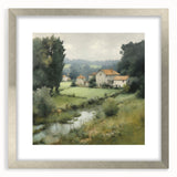 Framed landscape wall art depicting a serene countryside scene with lush greenery, featuring a silver mat and elegant frame, perfect for home decor.