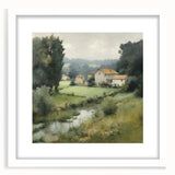 Landscape wall art framed in white with a mat, depicting a serene countryside scene featuring rolling hills and soft clouds, ideal for home decor.
