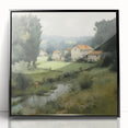 Framed landscape wall art depicting a serene countryside scene with vibrant green fields and a clear blue sky, showcased in a sleek black frame for modern decor.